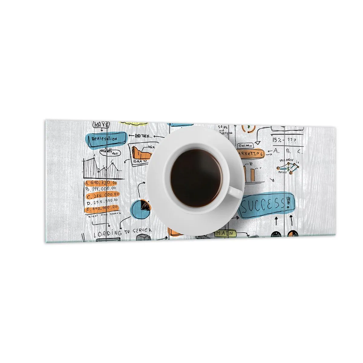 Quadro su vetro - Una tazza di caffè sullo sfondo di un disegno concettuale - 140x50cm - Un momento di pausa - Decorazione murale moderna per soggiorno e camera da letto ARTTOR