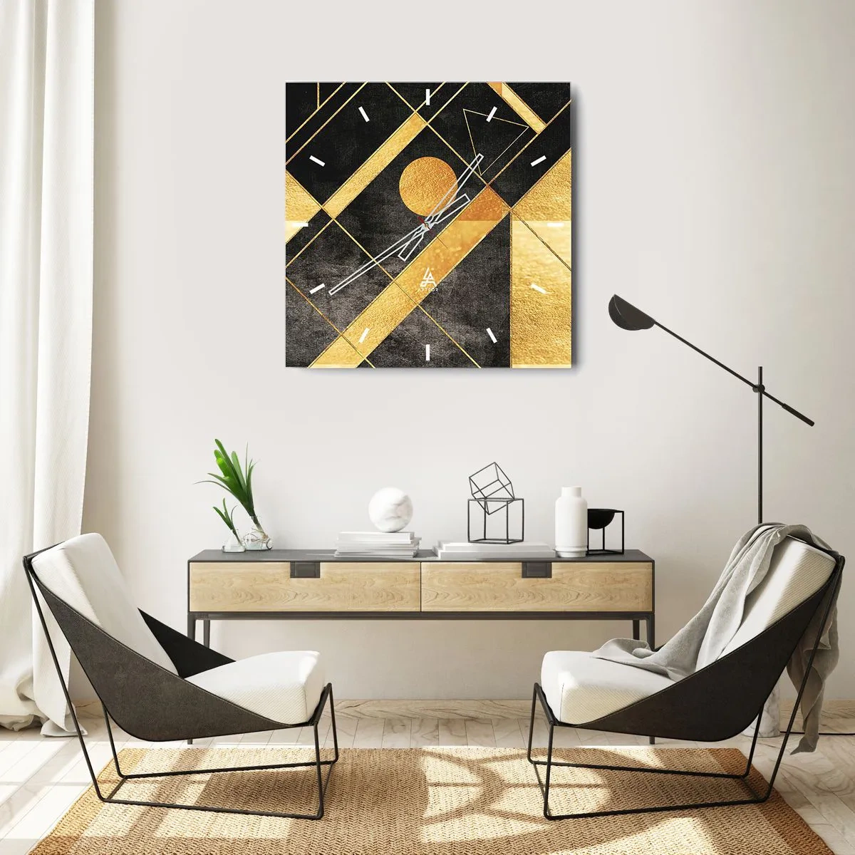 Orologio da parete - Orologio in Vetro - Forme geometriche nei toni dell'oro e del nero - 30x30cm - Sole del deserto - Decorazione murale moderna per soggiorno e camera da letto ARTTOR