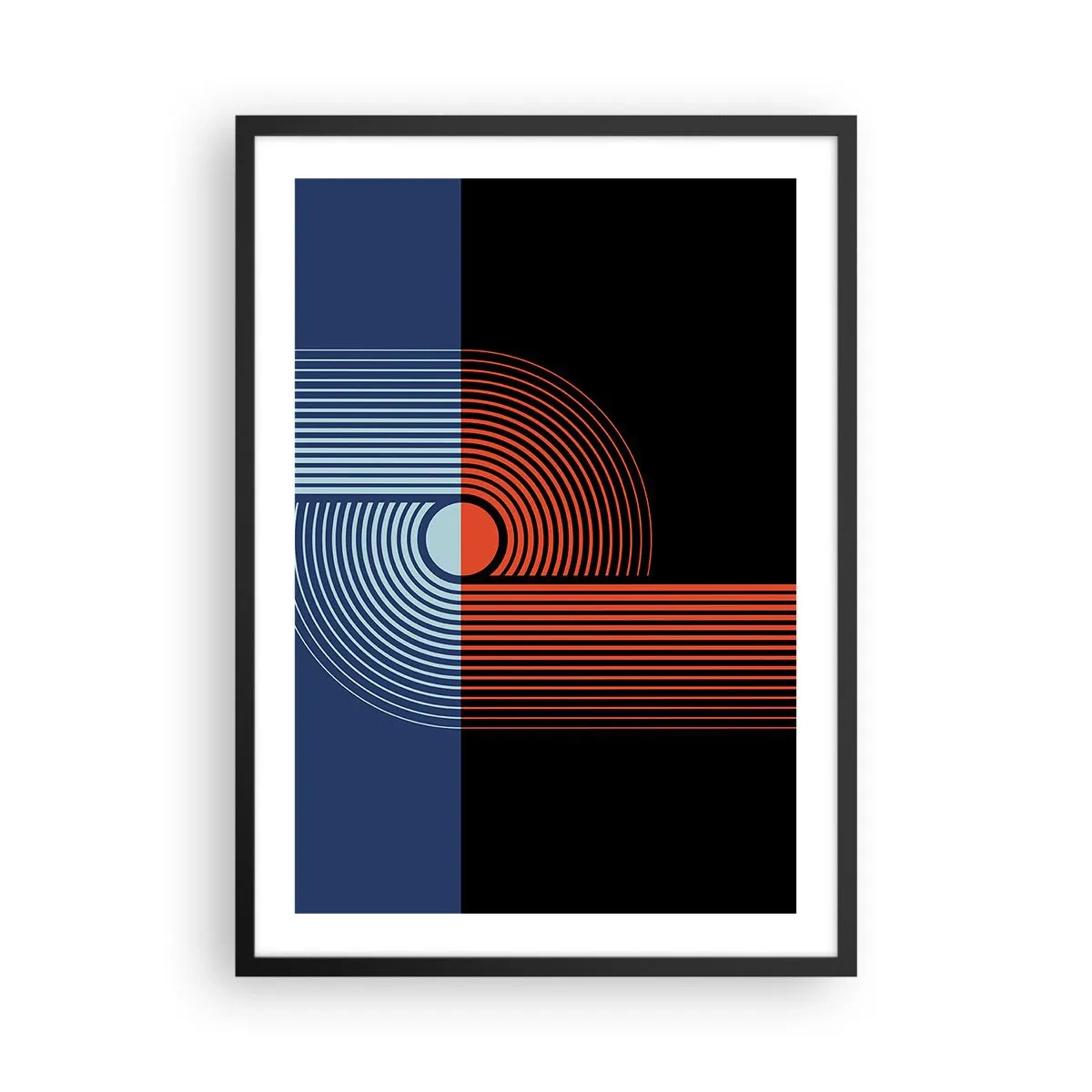 Poster in cornice nera - Composizione geometrica con linee in blu navy e arancione. - 50x70cm - Nell'abbraccio geometrico - Decorazione murale moderna per soggiorno e camera da letto ARTTOR