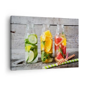 Quadro su tela - Stampe su Tela - Bottiglie di acqua alla frutta ed erbe aromatiche su uno sfondo di legno - 70x50cm - Sani di natura - Decorazione murale moderna per soggiorno e camera da letto ARTTOR