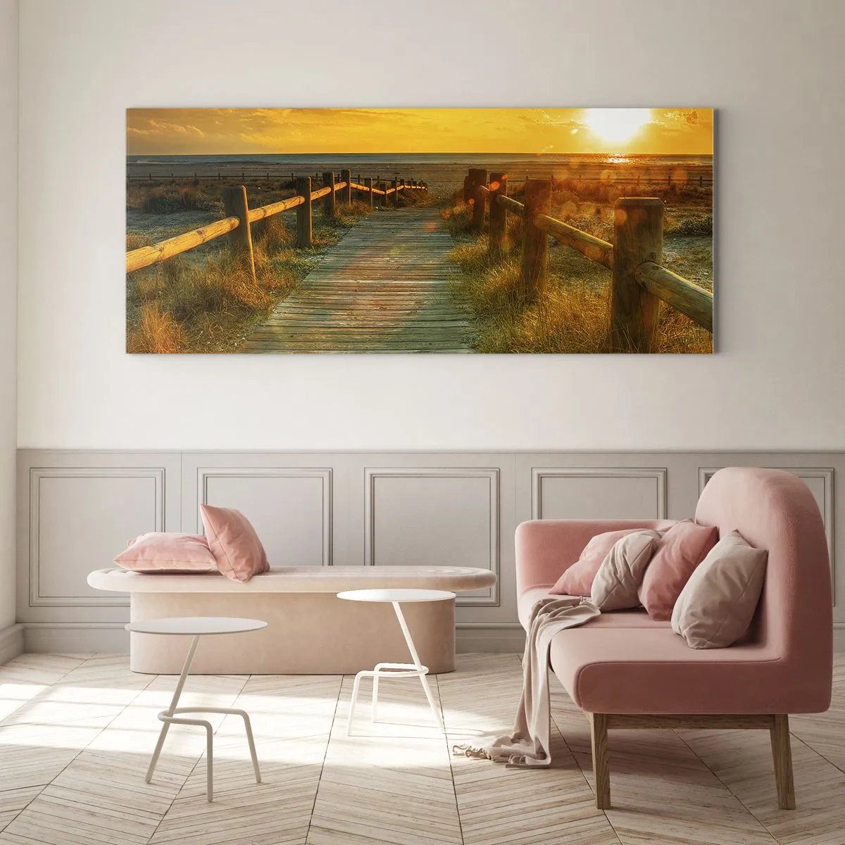 Quadro su vetro - Un sentiero in legno che conduce alla spiaggia al chiarore del sole al tramonto - 120x50cm - Immerse nell'oro vecchio - Decorazione murale moderna per soggiorno e camera da letto ARTTOR