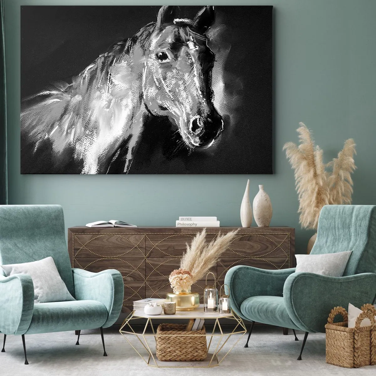 Quadro su tela - Stampe su Tela - Ritratto di un cavallo in uno stile dinamico in bianco e nero - 70x50cm - Splendore di un'anima nobile - Decorazione murale moderna per soggiorno e camera da letto ARTTOR