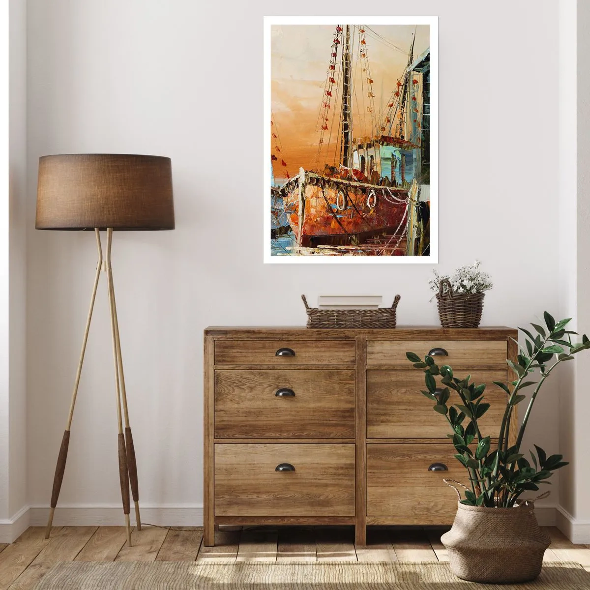 Poster - Una nave a vela sullo sfondo del sole al tramonto - 50x70cm - Ritorno tranquillo - Decorazione murale moderna per soggiorno e camera da letto ARTTOR