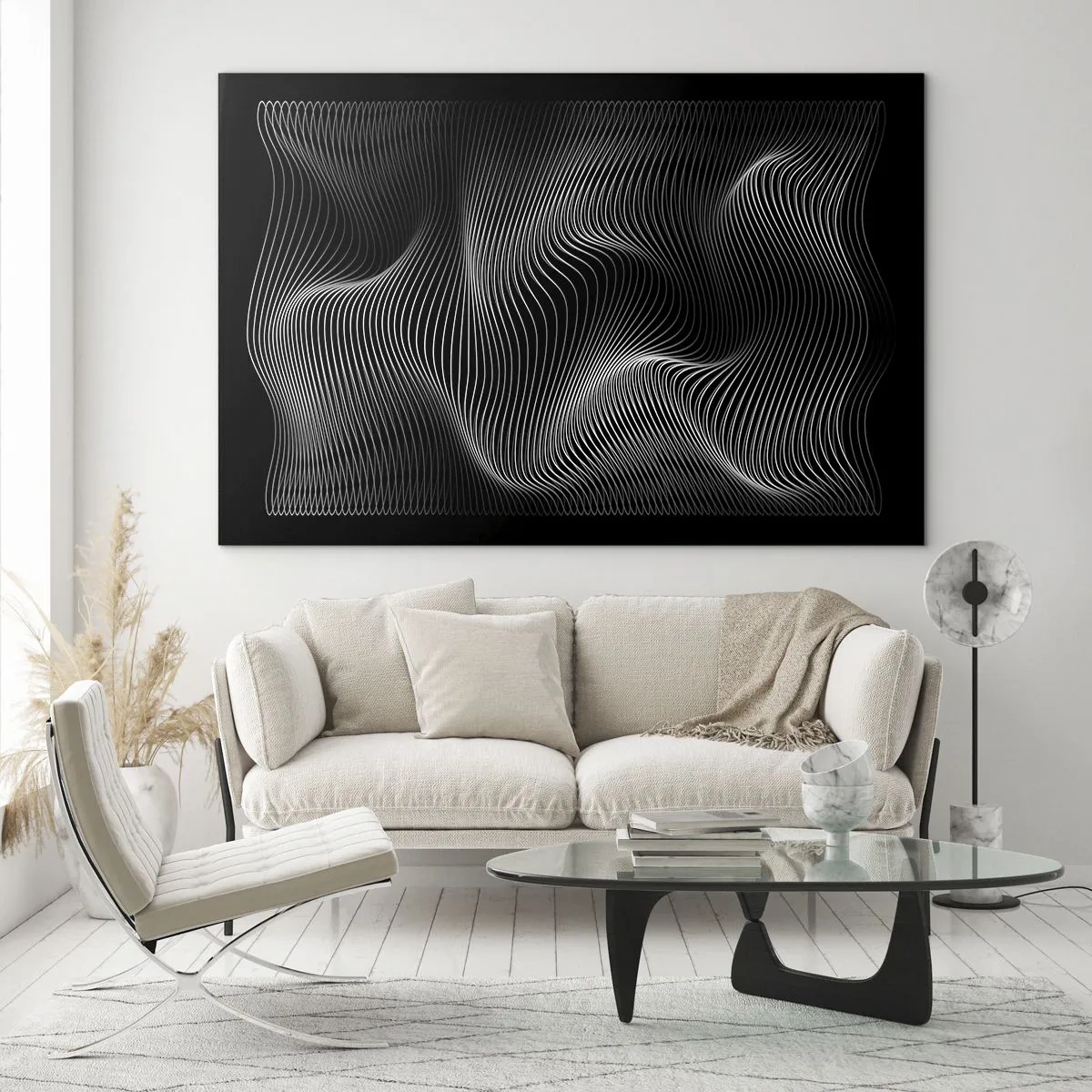 Quadro su vetro - Ipnotizzanti linee bianche che si increspano su uno sfondo nero - 100x70cm - La danza della luce nello spazio - Decorazione murale moderna per soggiorno e camera da letto ARTTOR