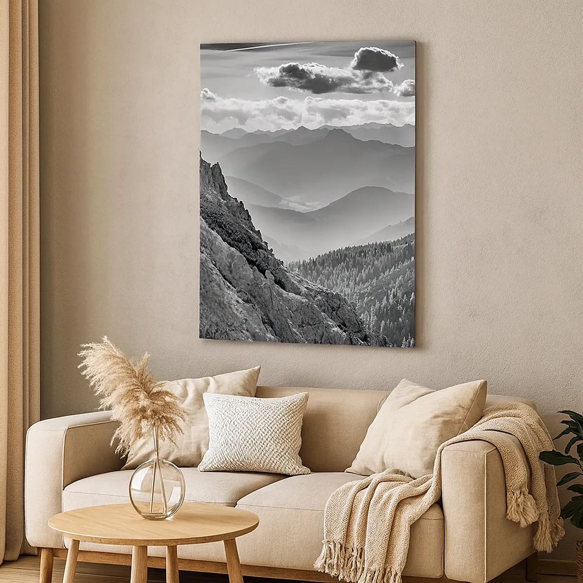 Quadro su tela - Stampe su Tela - Paesaggio montano in bianco e nero con nuvole sulle cime - 50x70cm - Fino all'orizzonte - Decorazione murale moderna per soggiorno e camera da letto ARTTOR