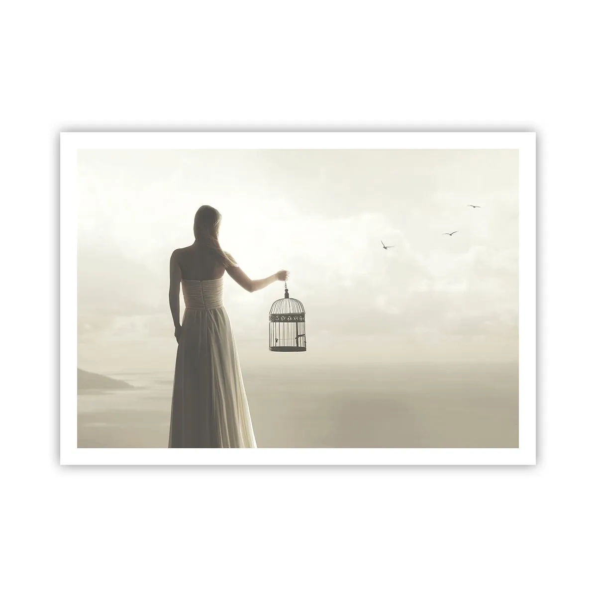 Poster - Una donna con una gabbia contro un cielo calmo - 100x70cm - Sii libera - Decorazione murale moderna per soggiorno e camera da letto ARTTOR