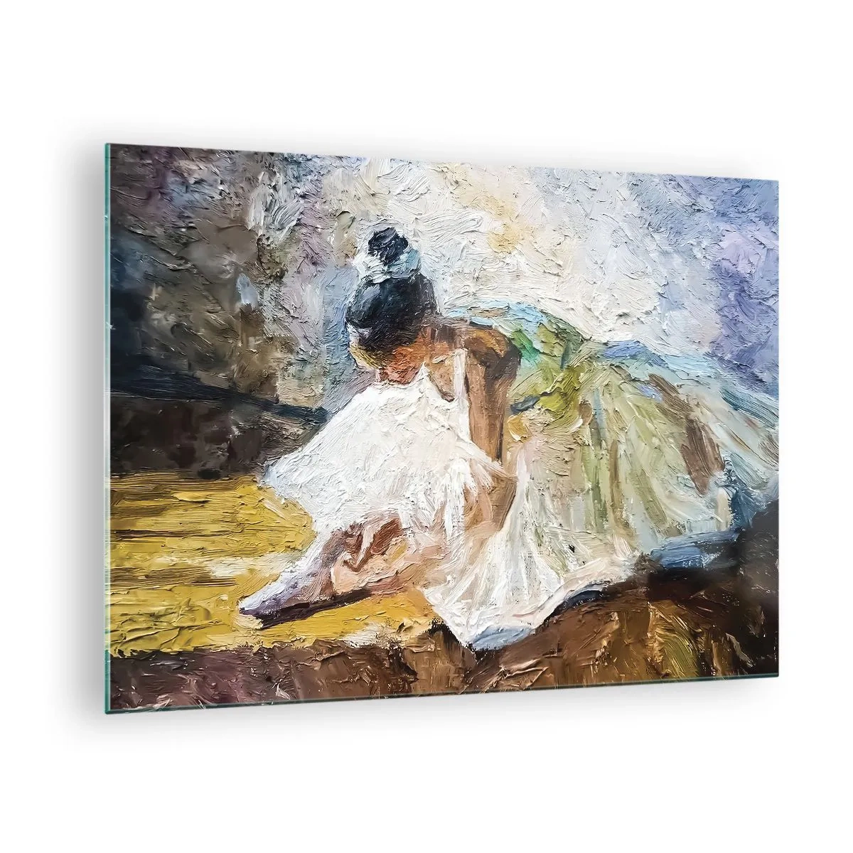 Quadro su vetro - Una ballerina china in avanti con un abito bianco dipinto con una texture a olio - 70x50cm - Dal quadro di Degas - Decorazione murale moderna per soggiorno e camera da letto ARTTOR