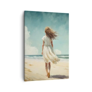 Quadro su tela - Stampe su Tela - Una donna in abito bianco che cammina sulla spiaggia in una giornata di sole - 50x70cm - Dove sole e vento si incontrano - Decorazione murale moderna per soggiorno e camera da letto ARTTOR