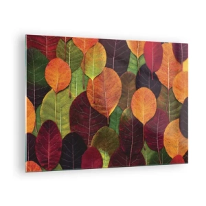 Quadro su vetro - Foglie autunnali colorate in una disposizione artistica - 70x50cm - Mosaico autunnale - Decorazione murale moderna per soggiorno e camera da letto ARTTOR