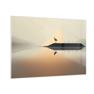 Quadro su vetro - Un airone in piedi su un'isola nelle acque calme di un lago - 100x70cm - Il signore del lago - Decorazione murale moderna per soggiorno e camera da letto ARTTOR