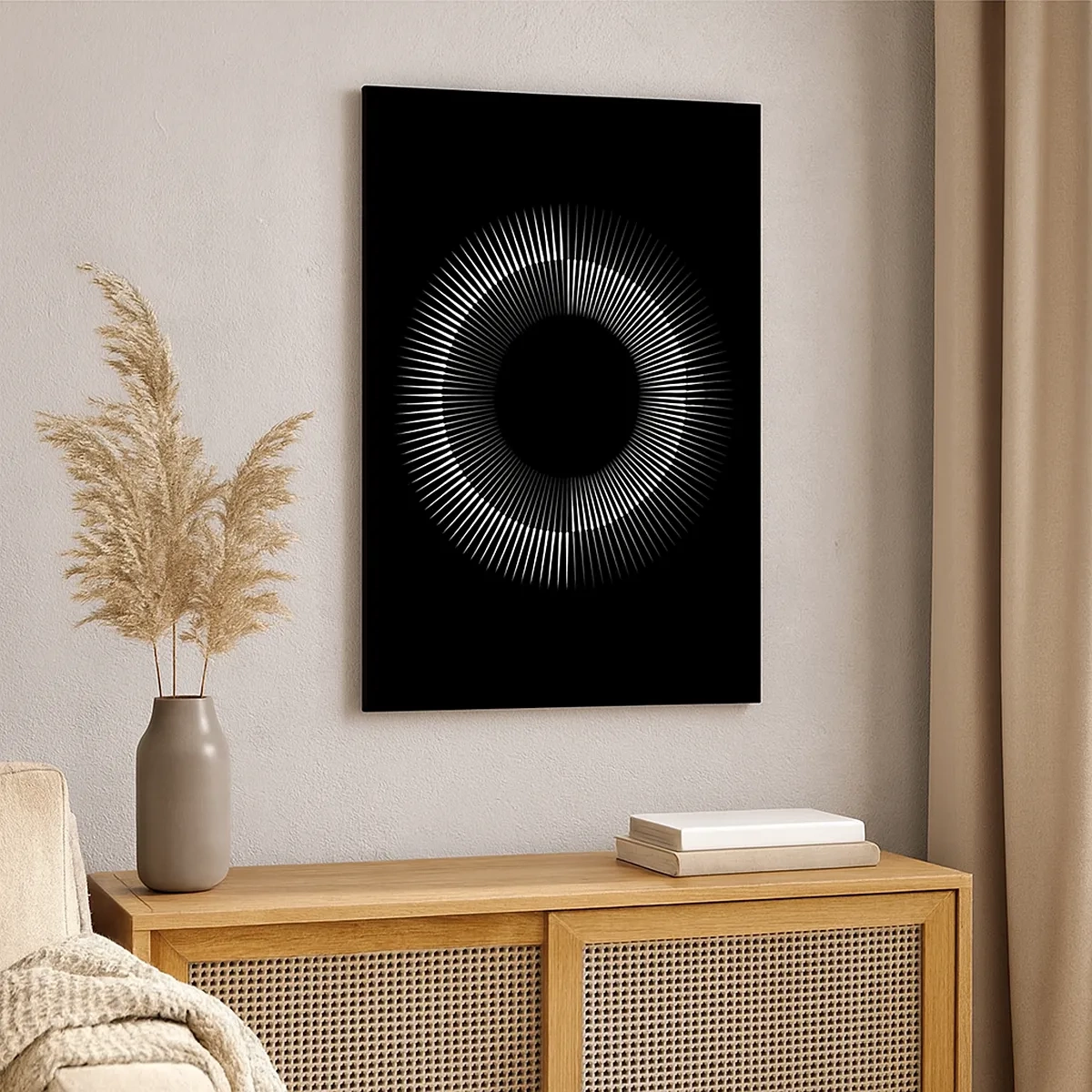 Quadro su tela - Stampe su Tela - Cerchio grafico con raggi in bianco e nero - 50x70cm - Sole nero - Decorazione murale moderna per soggiorno e camera da letto ARTTOR
