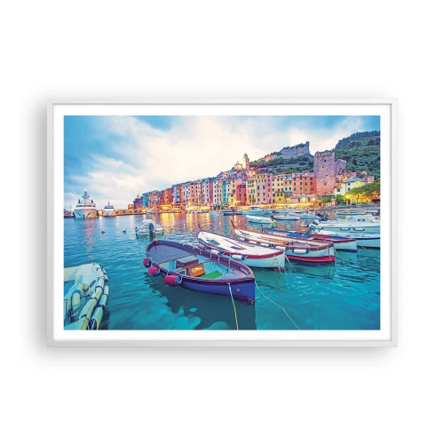 Poster in cornice bianca - Sera colorata nel porto - 100x70 cm