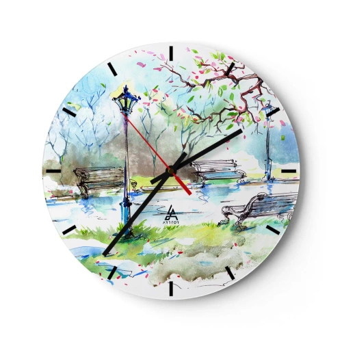 Orologio da parete - Orologio in Vetro - Un parco con panchine, lanterne e alberi in fiore in stile acquerello. - 30x30cm - Il fascino del silenzio del parco - Decorazione murale moderna per soggiorno, cucina e camera da letto ARTTOR