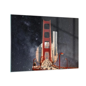 Quadro su vetro - Ponte e grattacieli sullo sfondo di una galassia surreale - 70x50cm - Sempre al centro - Decorazione murale moderna per soggiorno e camera da letto ARTTOR