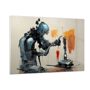 Quadro su vetro - Un robot che dipinge una mano meccanica su uno sfondo astratto. - 120x80cm - È già domani... - Decorazione murale moderna per soggiorno e camera da letto ARTTOR