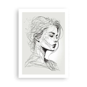 Poster - Uno schizzo di una donna con i capelli fluenti, realizzato in stile minimalista. - 50x70cm - Ritratto pensieroso - Decorazione murale moderna per soggiorno e camera da letto ARTTOR