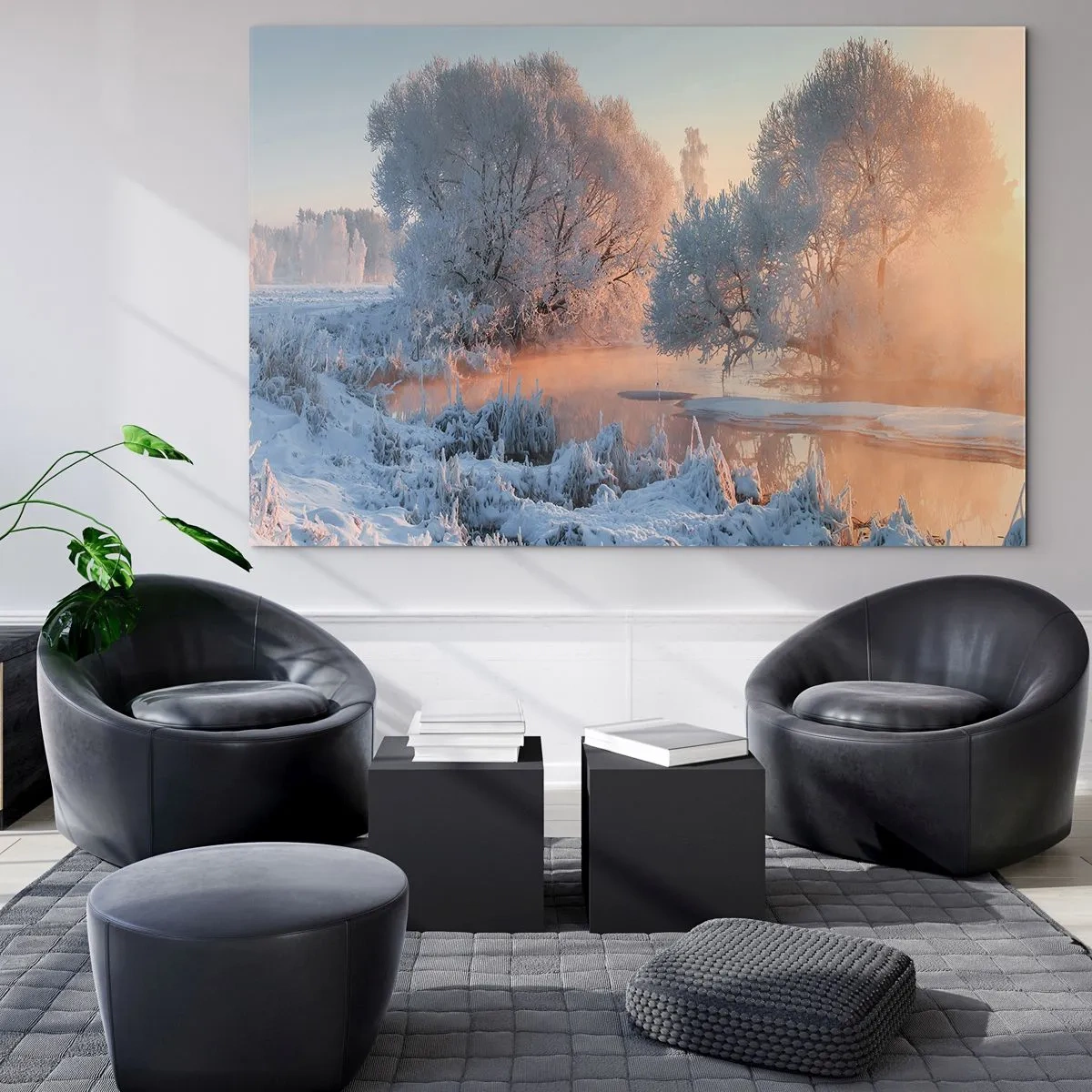 Quadro su vetro - Paesaggio invernale con lago ghiacciato e nebbia mattutina - 100x70cm - Tutto brilla al sole nel cristallo - Decorazione murale moderna per soggiorno e camera da letto ARTTOR
