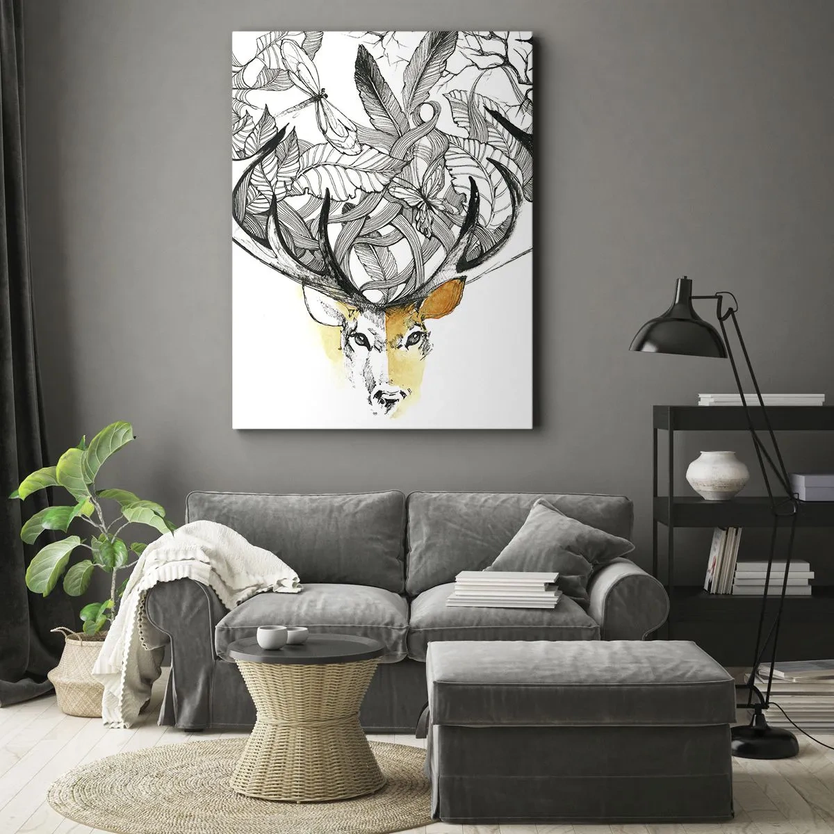 Quadro su tela - Stampe su Tela - Sottile grafica di cervo con corna decorative - 50x70cm - I corni dell'abbondanza - Decorazione murale moderna per soggiorno e camera da letto ARTTOR