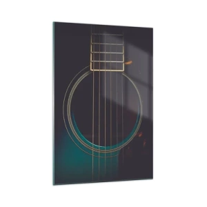 Quadro su vetro - Chitarra acustica in una luce scura ed elegante - 70x100cm - L'attimo prima del suono - Decorazione murale moderna per soggiorno e camera da letto ARTTOR