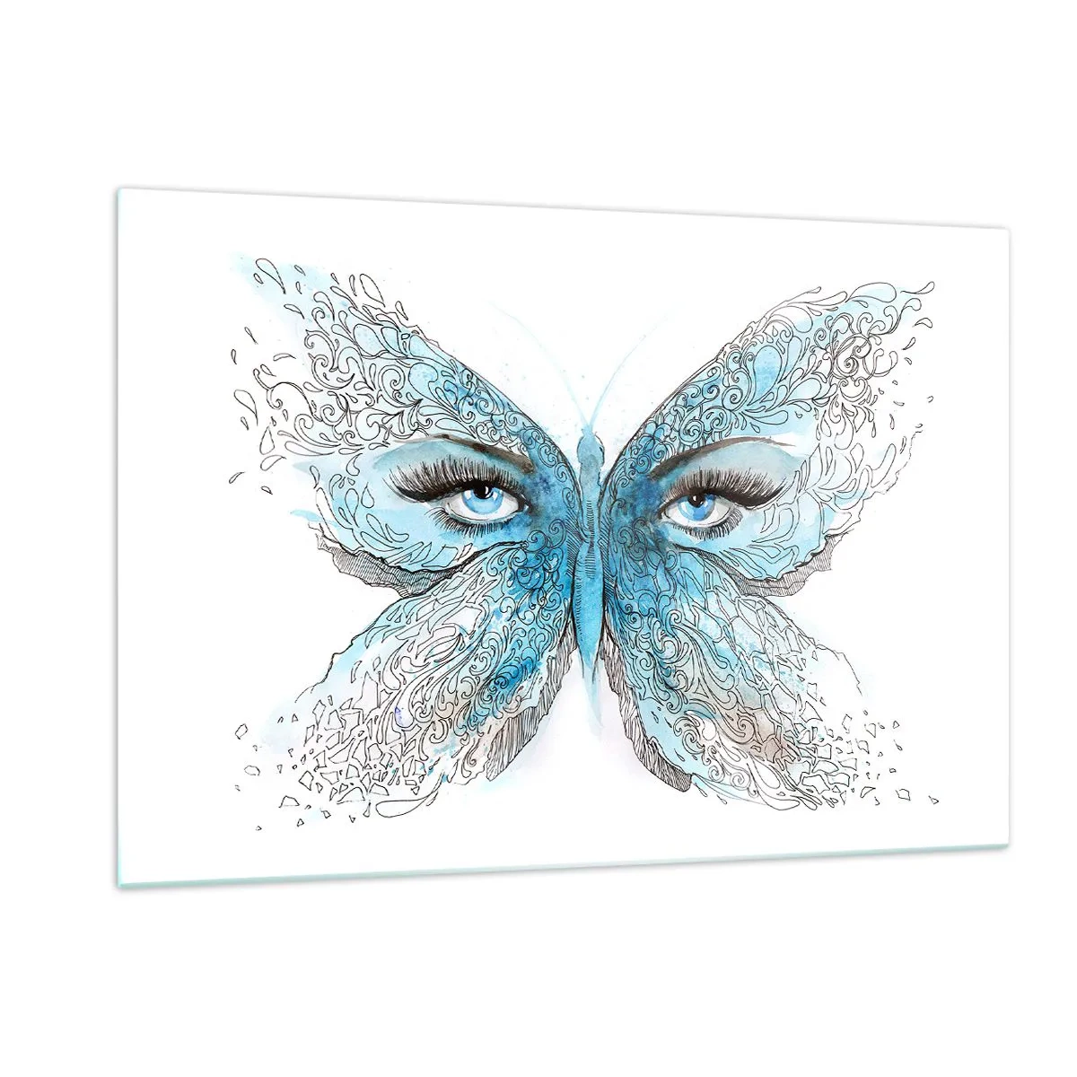 Quadro su vetro - Una farfalla con ali blu e occhi umani in stile artistico. - 120x80cm - Argo azzurro - Decorazione murale moderna per soggiorno e camera da letto ARTTOR
