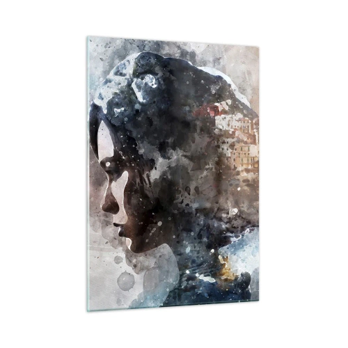 Quadro su vetro - Profilo di una donna in stile acquerello con una città sullo sfondo. - 50x70cm - Racconto su una ragazza con città sullo sfondo - Decorazione murale moderna per soggiorno e camera da letto ARTTOR