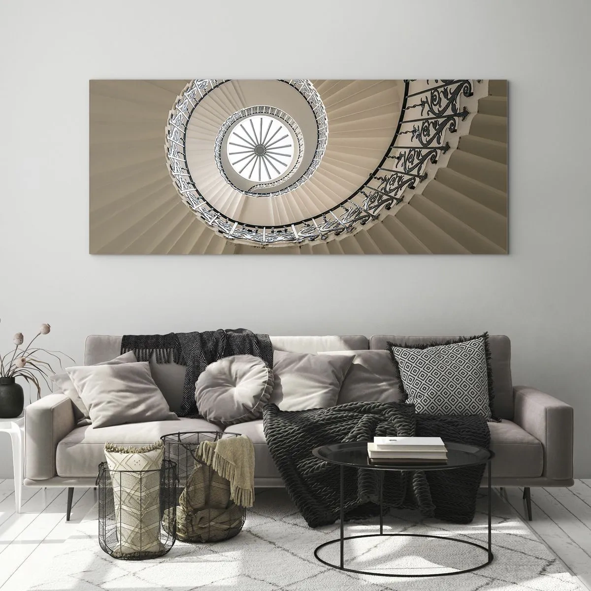 Quadro su vetro - Scala a chiocciola con elegante approccio geometrico - 120x50cm - Al centro della chiocciola - Decorazione murale moderna per soggiorno e camera da letto ARTTOR
