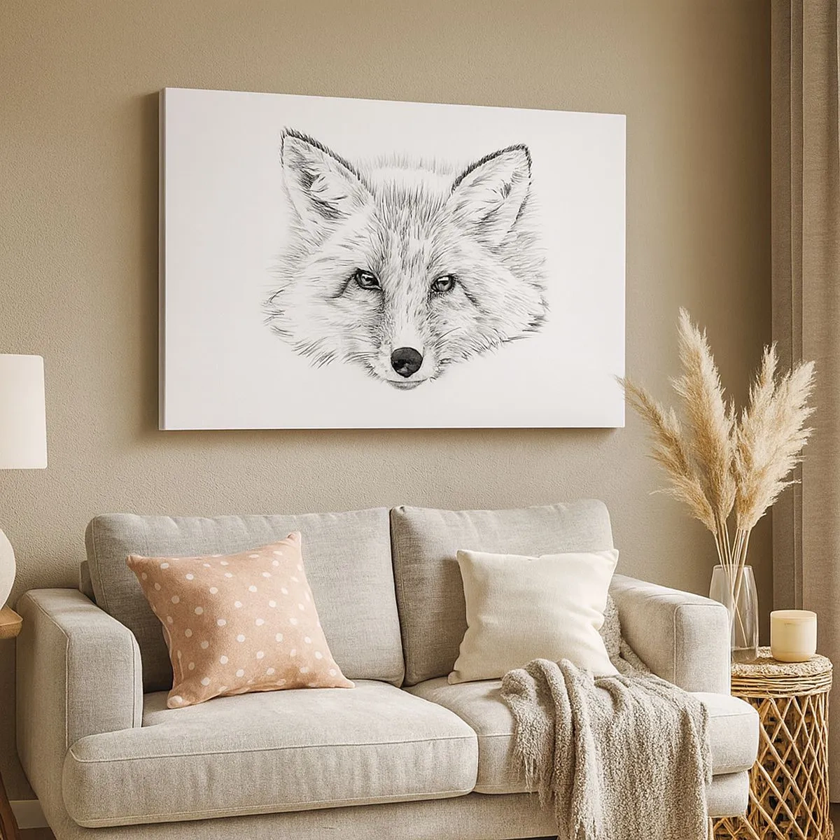 Quadro su tela - Stampe su Tela - Disegno in bianco e nero di una testa di volpe su sfondo bianco - 70x50cm - Questi occhi possono mentire? - Decorazione murale moderna per soggiorno e camera da letto ARTTOR