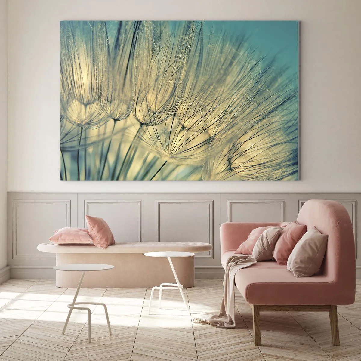 Quadro su vetro - Macrofotografia di un dente di leone su uno sfondo turchese - 100x70cm - Aspettando il vento - Decorazione murale moderna per soggiorno e camera da letto ARTTOR