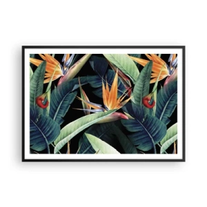 Poster in cornice nera - Fiori e foglie tropicali su sfondo nero - 100x70cm - I fiori fiammeggianti dei tropici - Decorazione murale moderna per soggiorno e camera da letto ARTTOR