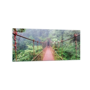 Quadro su vetro - Un ponte sospeso in una giungla tropicale circondato dalla nebbia - 120x50cm - Sospeso sopra gli alberi - Decorazione murale moderna per soggiorno e camera da letto ARTTOR