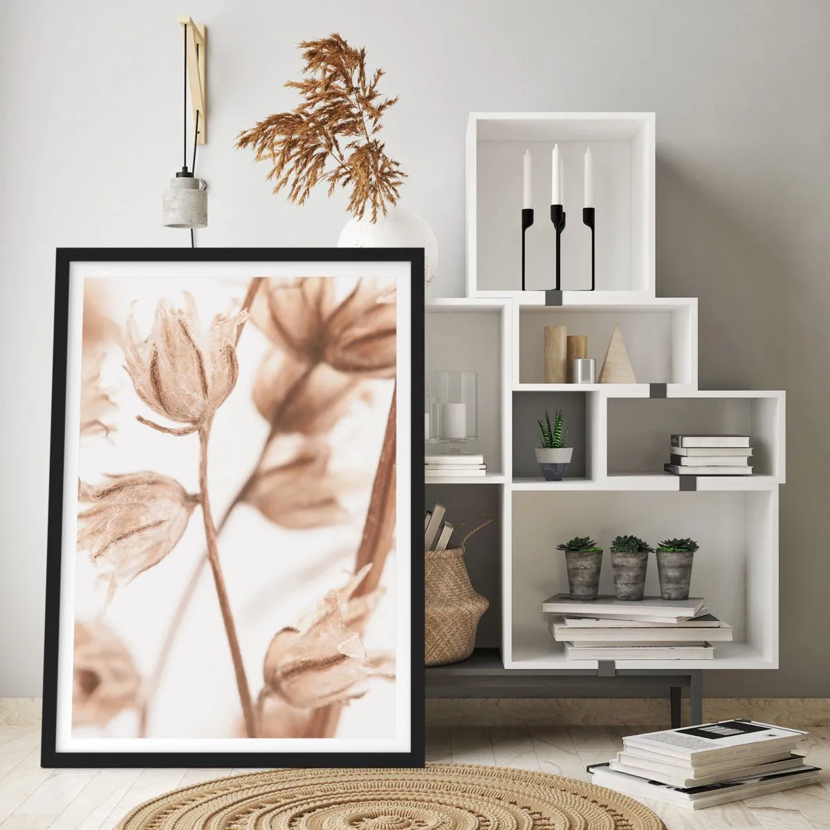 Poster in cornice nera - Piante secche in seppia su sfondo chiaro - 50x70cm - Suonano alla fine dell'estate - Decorazione murale moderna per soggiorno e camera da letto ARTTOR