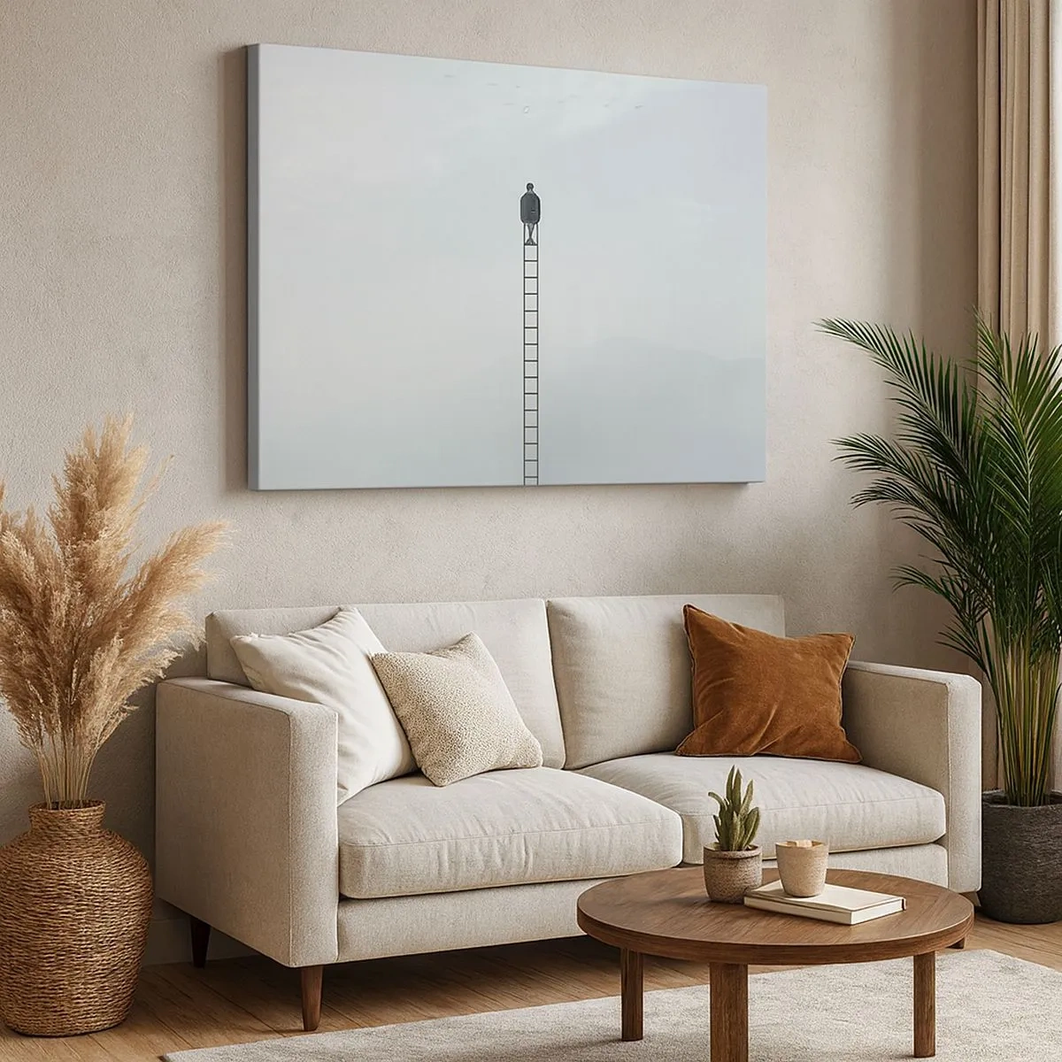 Quadro su tela - Stampe su Tela - Un uomo su una scala che sale verso il cielo - 70x50cm - Innalzati al di sopra - Decorazione murale moderna per soggiorno e camera da letto ARTTOR