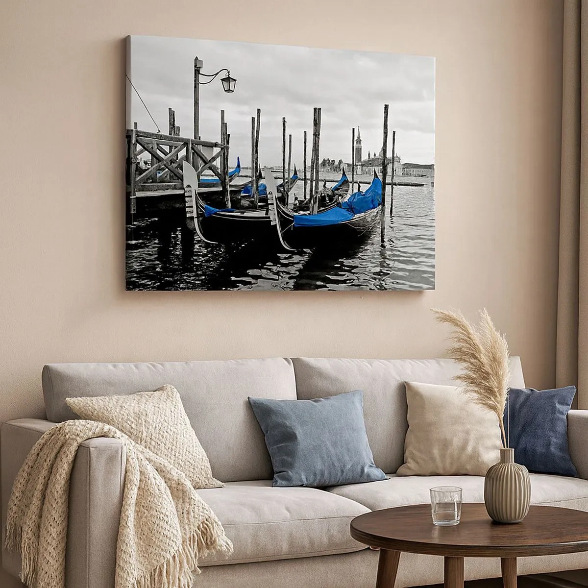Quadro su tela - Stampe su Tela - Gondole a Venezia con coperture blu - 70x50cm - Venezia pensierosa - Decorazione murale moderna per soggiorno e camera da letto ARTTOR