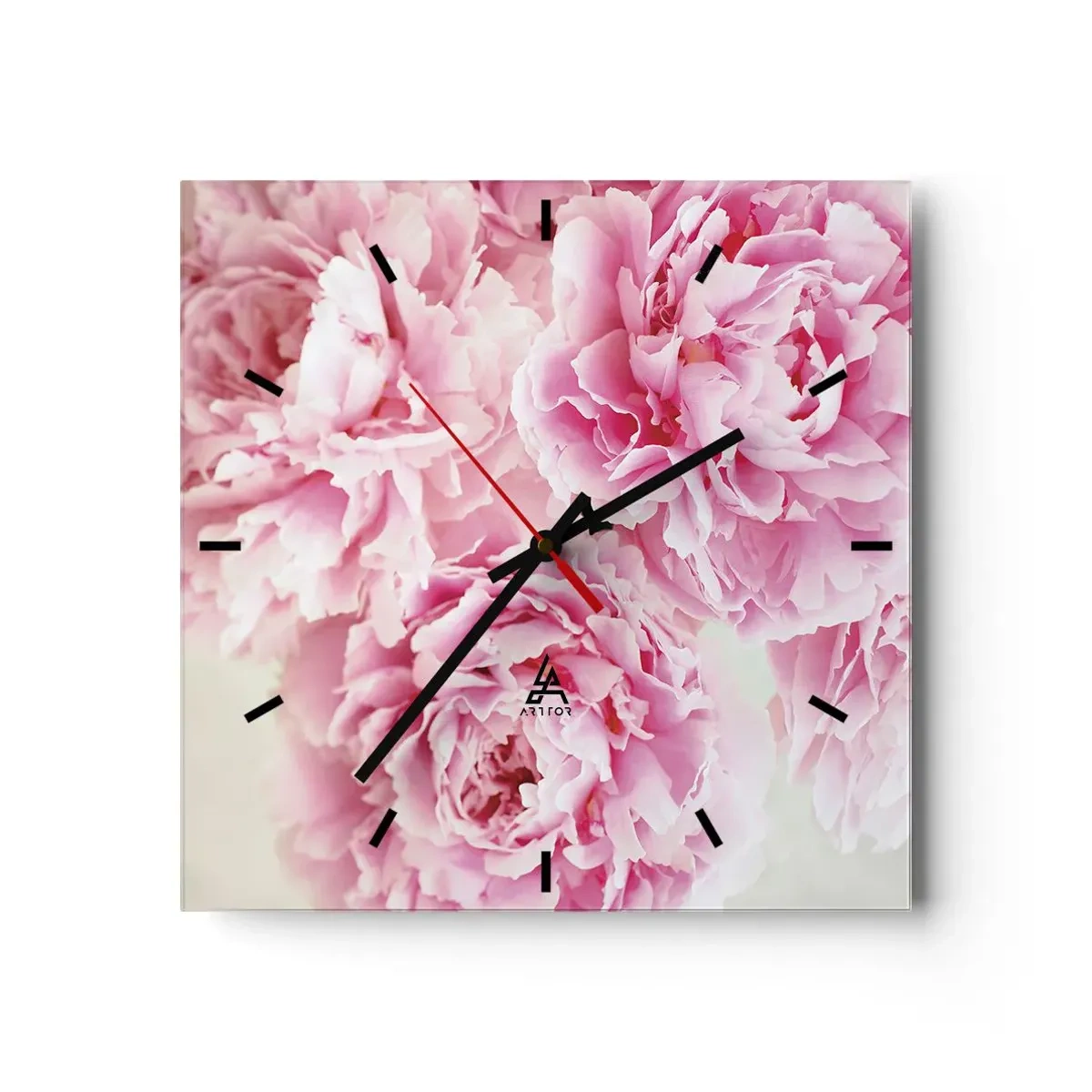 Orologio da parete - Orologio in Vetro - Un bouquet di peonie rosa su uno sfondo chiaro - 30x30cm - Nel fasto rosa - Decorazione murale moderna per soggiorno e camera da letto ARTTOR