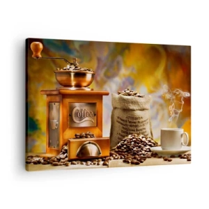 Quadro su tela - Stampe su Tela - Macinacaffè con chicchi e una tazza sullo sfondo - 70x50cm - Scricchiolio dei chicchi, tintinnio del macinino - Decorazione murale moderna per soggiorno e camera da letto ARTTOR
