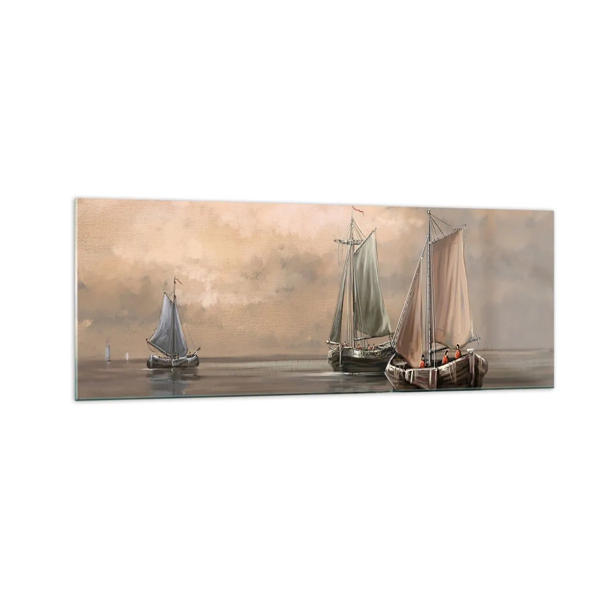 Quadro su vetro - Barche a vela su un mare calmo in un ambiente pastello - 140x50cm - Il ritorno dei marinai - Decorazione murale moderna per soggiorno e camera da letto ARTTOR