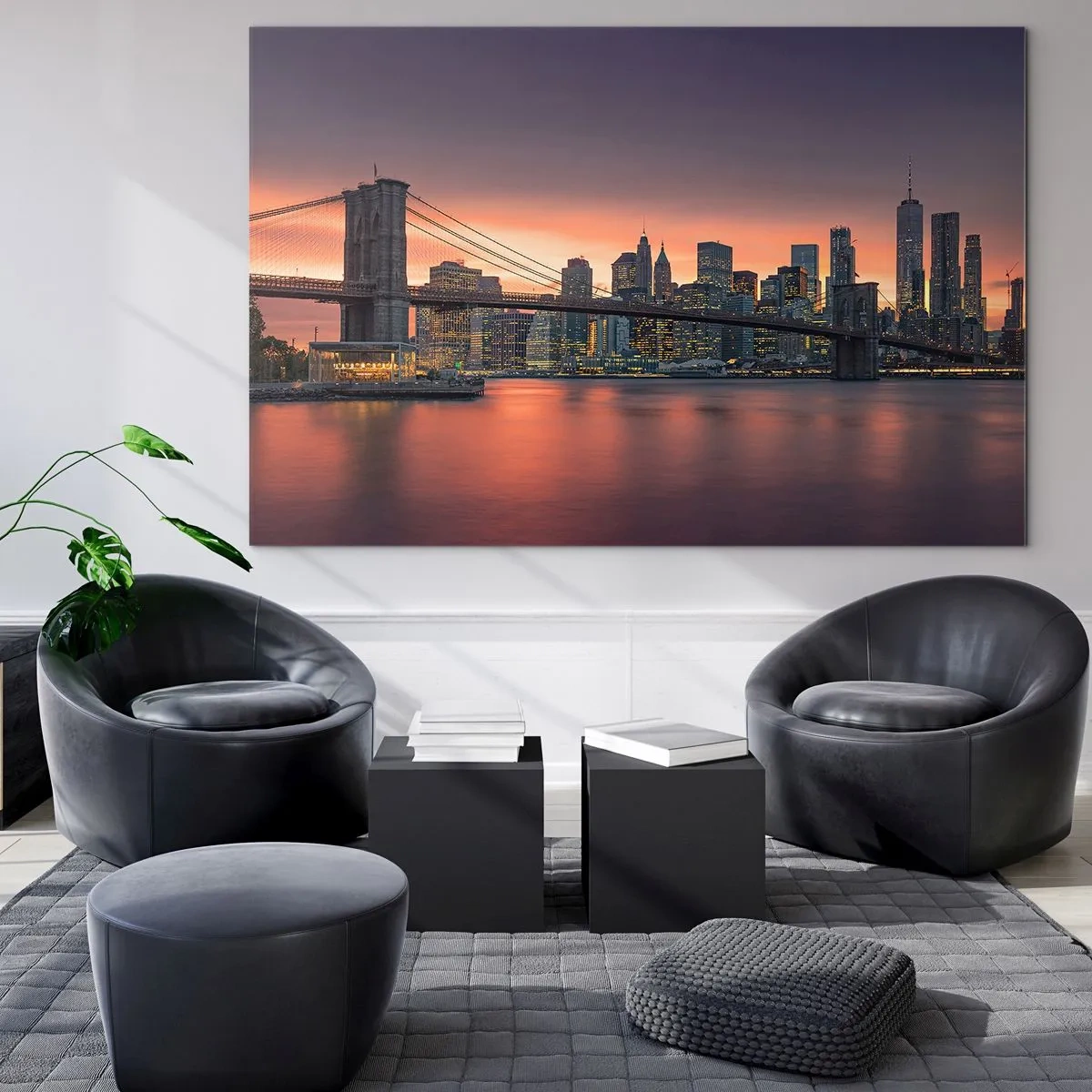 Quadro su vetro - Ponte di Brooklyn al tramonto - 100x70cm - Immersa nel silenzio lilla - Decorazione murale moderna per soggiorno e camera da letto ARTTOR