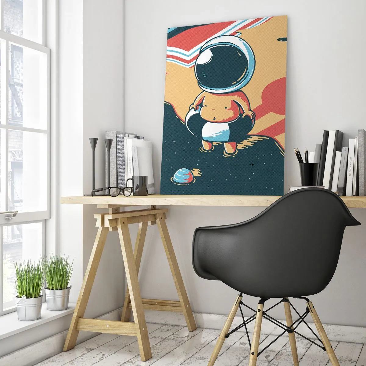 Quadro su vetro - Divertente astronauta sulla spiaggia con elementi spaziali sullo sfondo - 80x120cm - Da un'altra prospettiva - Decorazione murale moderna per soggiorno e camera da letto ARTTOR