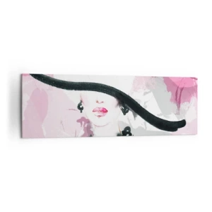 Quadro su tela - Stampe su Tela - Una donna elegante con un cappello su uno sfondo di astrazioni rosa. - 160x50cm - Ritratto di donna in nero e rosa - Decorazione murale moderna per soggiorno e camera da letto ARTTOR