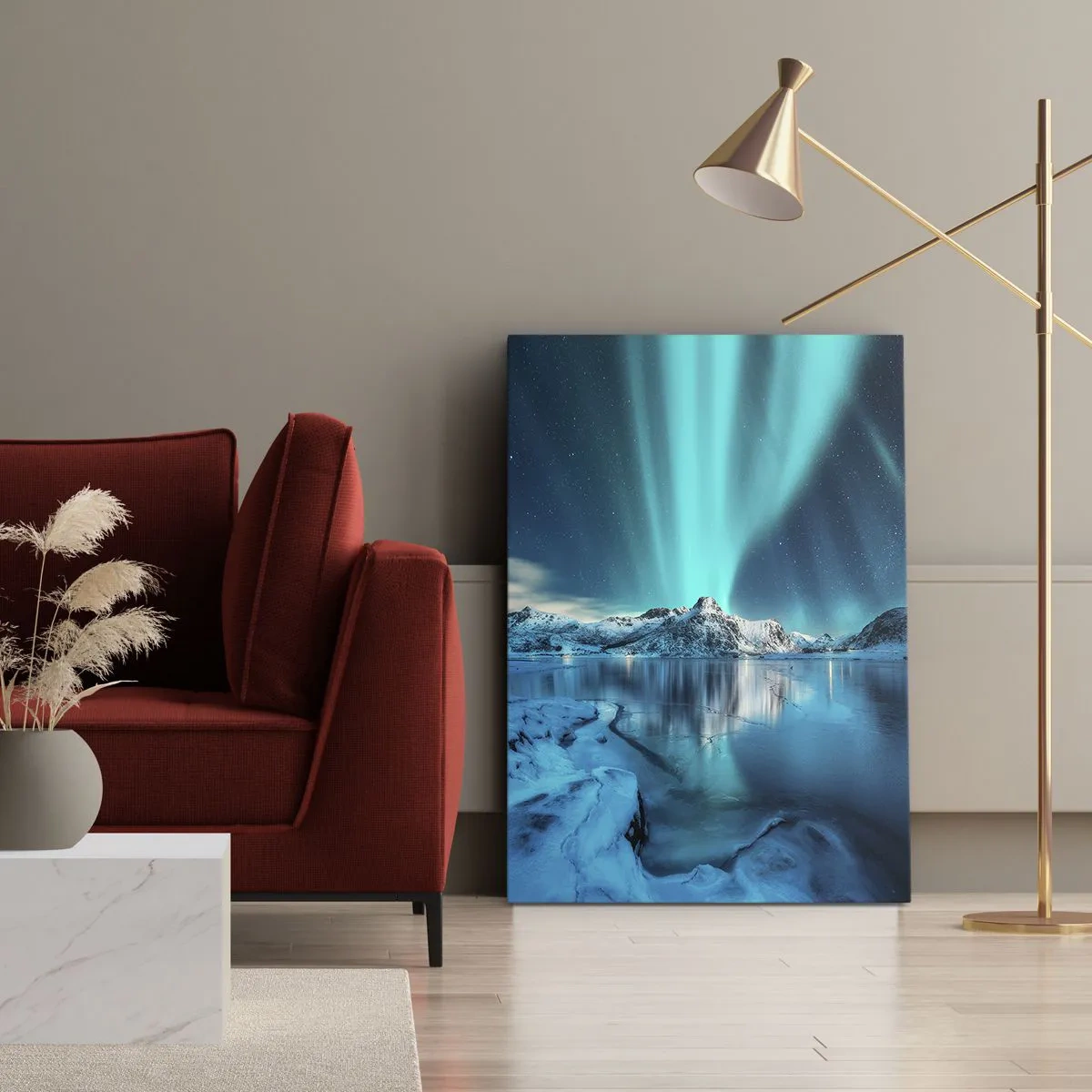 Quadro su tela - Stampe su Tela - Aurora boreale su montagne innevate e un lago - 70x100cm - Notte di luce - Decorazione murale moderna per soggiorno e camera da letto ARTTOR