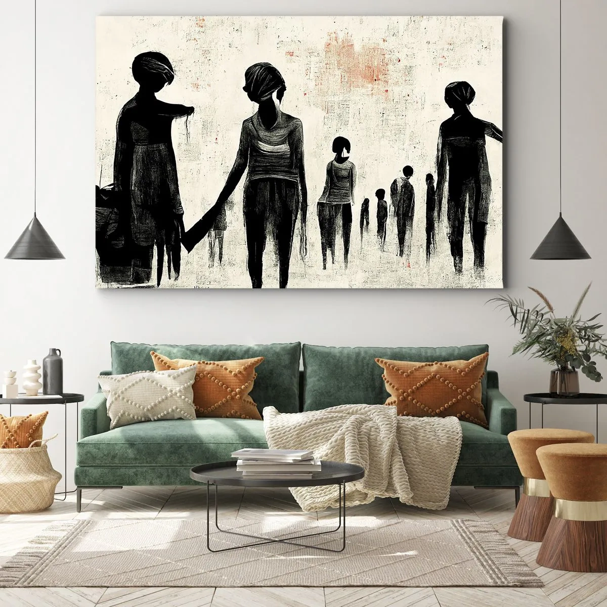 Quadro su tela - Stampe su Tela - Figure in una composizione monocromatica su uno sfondo chiaro - 70x50cm - Contro la solitudine - Decorazione murale moderna per soggiorno e camera da letto ARTTOR
