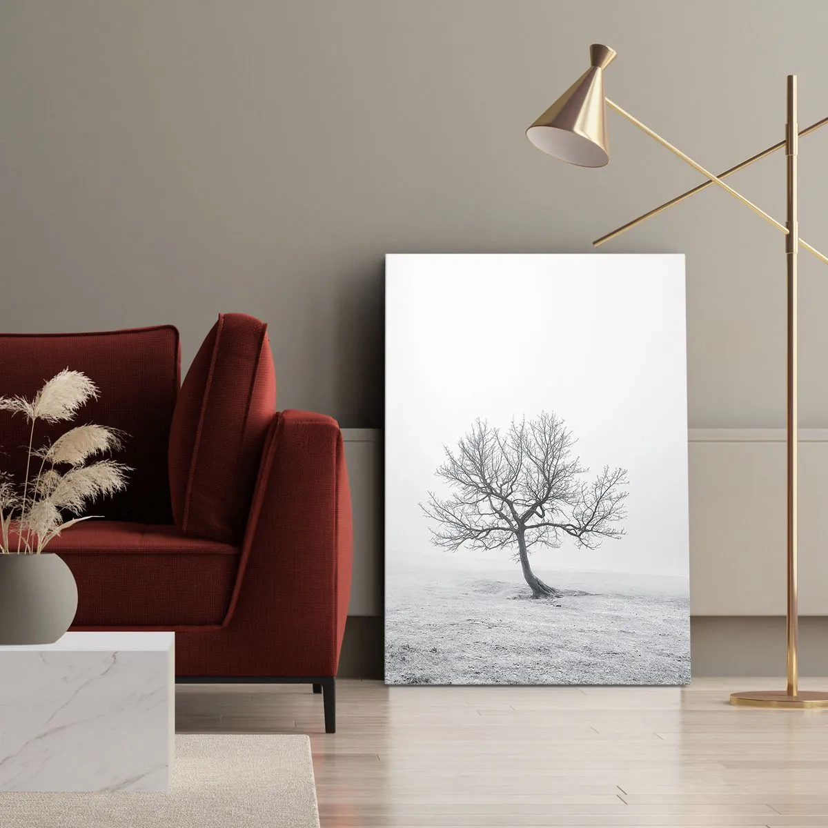 Quadro su tela - Stampe su Tela - Un albero solitario nella nebbia invernale in un campo vuoto - 50x70cm - Contro il nulla - Decorazione murale moderna per soggiorno e camera da letto ARTTOR