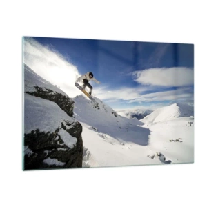 Quadro su vetro - Uno snowboarder che salta da una scogliera in montagna in inverno - 120x80cm - Libertà senza confini - Decorazione murale moderna per soggiorno e camera da letto ARTTOR