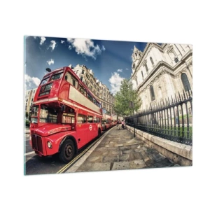 Quadro su vetro - Un autobus rosso a due piani in un contesto urbano - 100x70cm - Via di Londra in grigio e rosso - Decorazione murale moderna per soggiorno e camera da letto ARTTOR