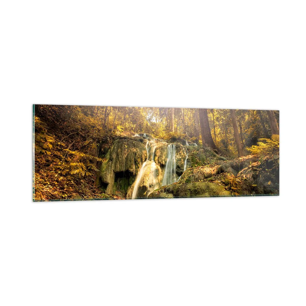 Quadro su vetro - Cascata boschiva in verde - 90x30 cm