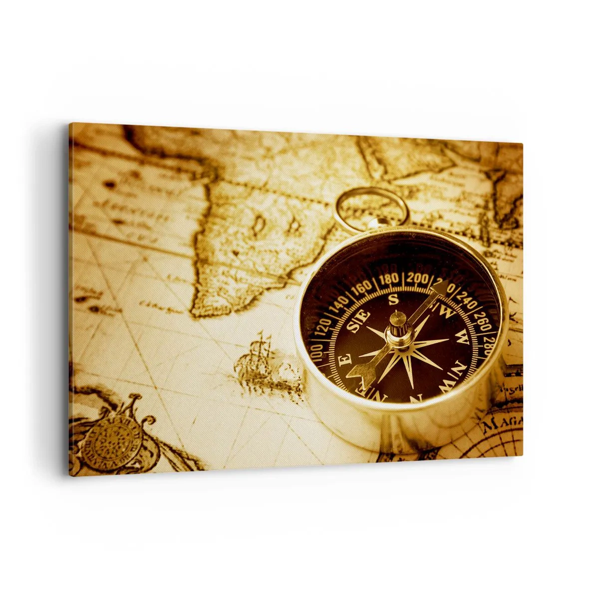Quadro su tela - Stampe su Tela - Una bussola antica sullo sfondo di una vecchia mappa del mondo - 120x80cm - A est o a ovest? - Decorazione murale moderna per soggiorno e camera da letto ARTTOR