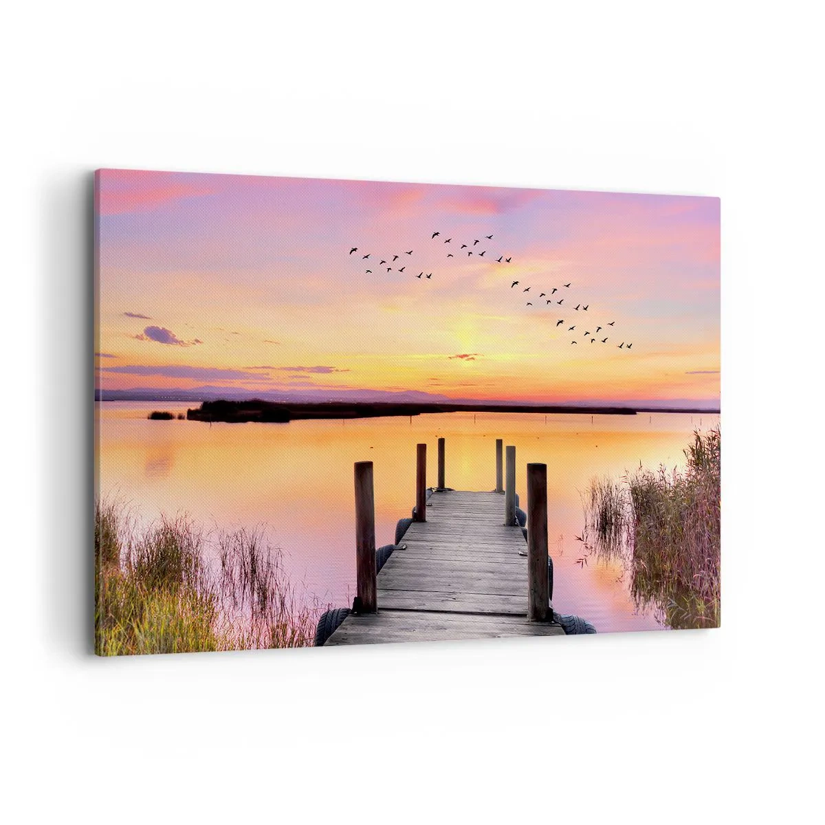 Quadro su tela - Stampe su Tela - Un molo su un lago al tramonto con uccelli nel cielo - 120x80cm - Alba viola e silenziosa - Decorazione murale moderna per soggiorno e camera da letto ARTTOR