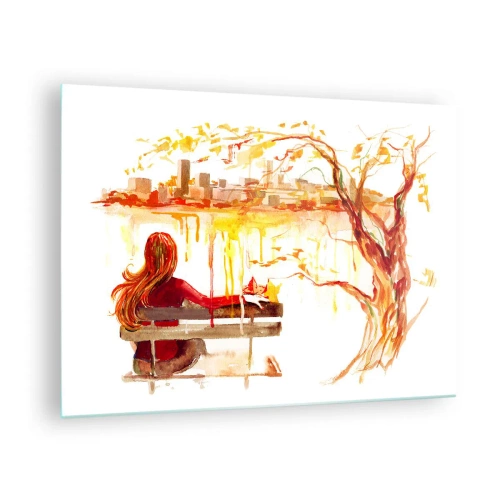Quadro su vetro - Una figura su una panchina che domina la città in acquerello - 70x50cm - Un momento di riflessione - Decorazione murale moderna per soggiorno e camera da letto ARTTOR