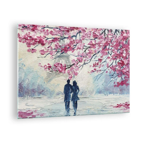 Quadro su vetro - Una coppia che cammina sotto gli alberi in fiore - 70x50cm - Passeggiata romantica - Decorazione murale moderna per soggiorno e camera da letto ARTTOR