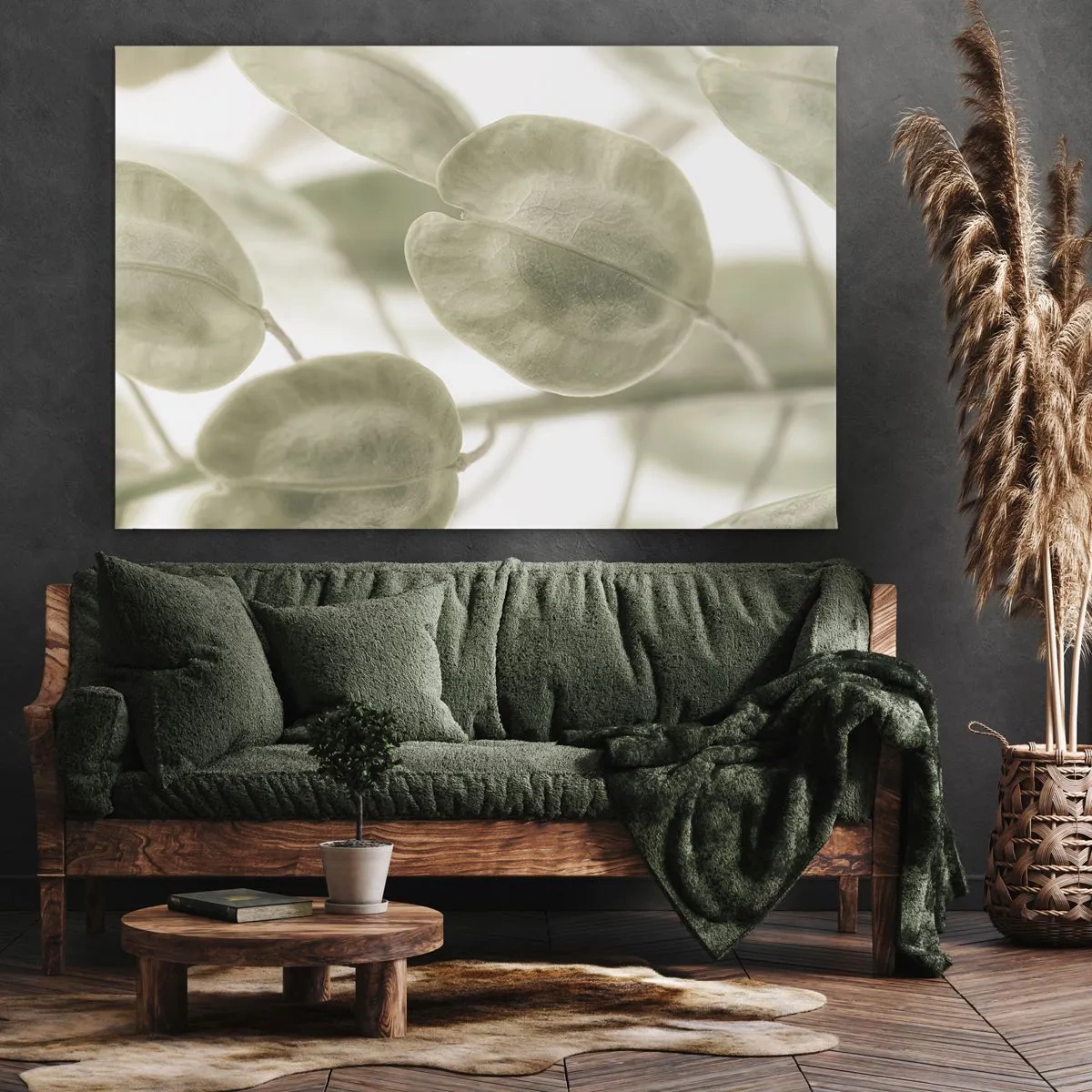 Quadro su tela - Stampe su Tela - Un delicato dipinto di foglie in tonalità pastello di verde su uno sfondo chiaro. - 70x50cm - All'inizio vi erano le foglie... - Decorazione murale moderna per soggiorno e camera da letto ARTTOR